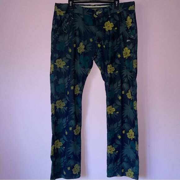 A Tiziano Size 38x34 Dark Wash Jeans Floral Painted Pants - Picture 1 of 7